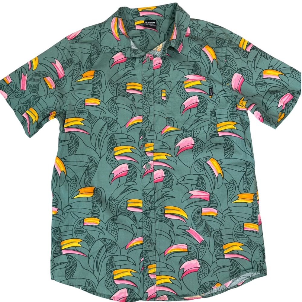 Hurley Mens SM Toucan Bird Print Button-Down Shirt Green Short Sleeve Tropical